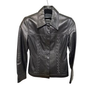 Express Black Leather Jacket with Lace-Up Detail